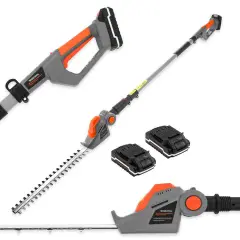 Terratek 20v Cordless Hedge Trimmer 2 4m Long Reach Telescopic Pole Cutter - 2 Batteries And 1 Charger Included Grey