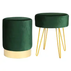 Harbour Housewares 2 Piece Round Velvet Footstools Set - Green Green