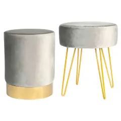 Harbour Housewares 2 Piece Round Velvet Footstools Set - Grey Grey