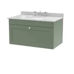 Nuie 800mm Wall Hung 1 Drawer Vanity Marble Top 3th - Satin Green Green