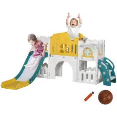 Aiyaplay 7 In 1 Toddler Slide With Basketball Hoop For 1-3 Years Yellow Yellow