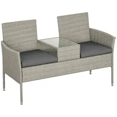 Outsunny Rattan Garden Bench W Glass Tea Table Wicker Chair W Cushions Grey Grey